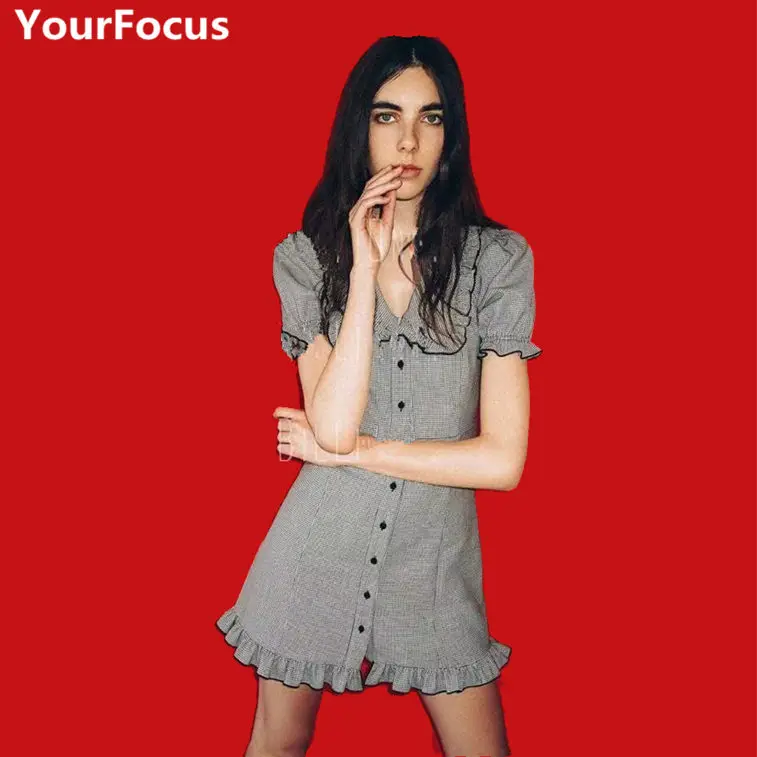 

Harajuku vintage england style peter pan collar Single buttons kawaii cute women mini dress YQ-998