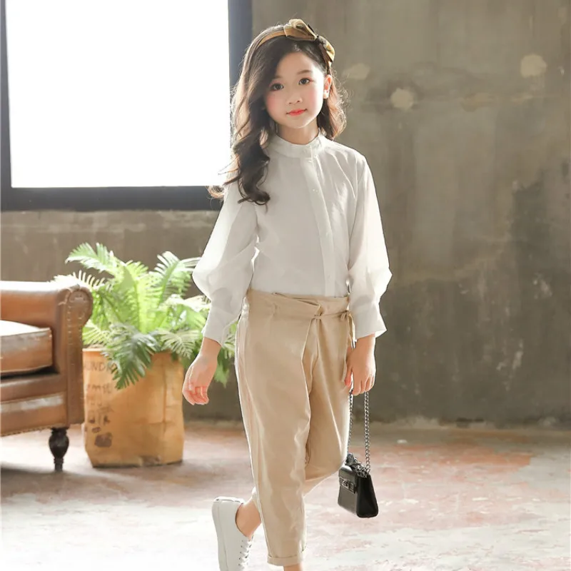 Primavera Autunno 5-16Y Cotone Grande Delle Ragazze della Camicetta Bianco/Khaki Vestiti del Bambino A Manica Lunga Della Ragazza Della Scuola Scherza la Camicia Adolescente Magliette e camicette CA1631