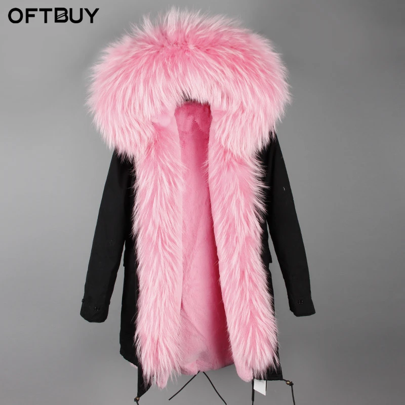 

OFTBUY 2019 new pink winter jacket women long parka real fur coat big natural raccoon fur collar hooded parkas warm outerwear
