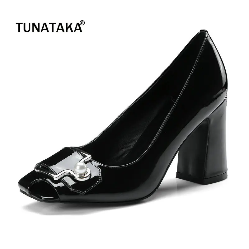 

Patent Leather Square High Heel Woman Lazy Pumps Fashion Buckle Shallow Dress High Heel Shoes Woman Black Brown