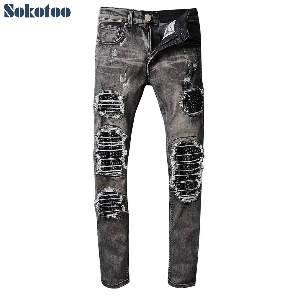 Sokotoo Men's slim skinny motorcycle pleated ripped biker jeans PU ...