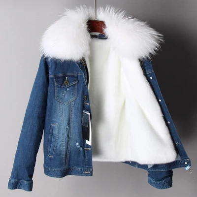 OFTBUY зимняя женская куртка с натуральным мехом, короткое пальто, парка с воротником из натурального енота, джинсовая куртка-бомбер с искусственным подкладом, модная уличная одежда - Цвет: 8
