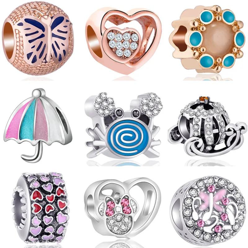 

High Quality Crystal Umbrella Butterfly Tree Ingots Crab Mickey Beads Charms Fit Pandora Bracelets DIY Trinket for Women Girl