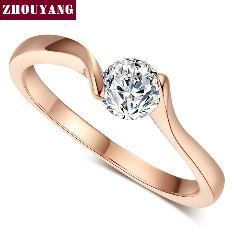 ZHOUYANG Wedding Ring For Women Concise 4mm Round Cut Cubic Zirconia Rose Gold Color Engagement Fashion Jewelry ZYR239 ZYR422