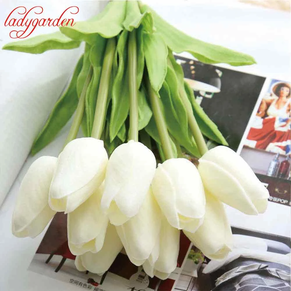Real Touch Tulips Ivory Cream White Tulips Flowers 20 Stems For Wedding Bridal Bridesmaids Bouquet Flowers Table Centerpieces MW01502