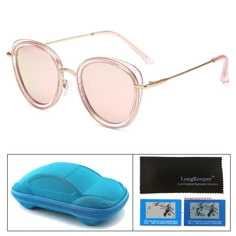 pink lens LongKeeper модные поляризованные солнцезащитные очки для детей с чехлом Овальный металлический для вождения, зеркальные солнцезащитные очки для мальчиков и девочек, Gafas de sol UV400 очки - Цвет линз: pink lens