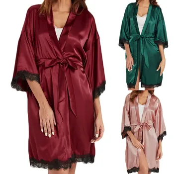 

New Women BathRobe Lace Satin Belted Pajama Robe Underwear Sleepwear Lingerie