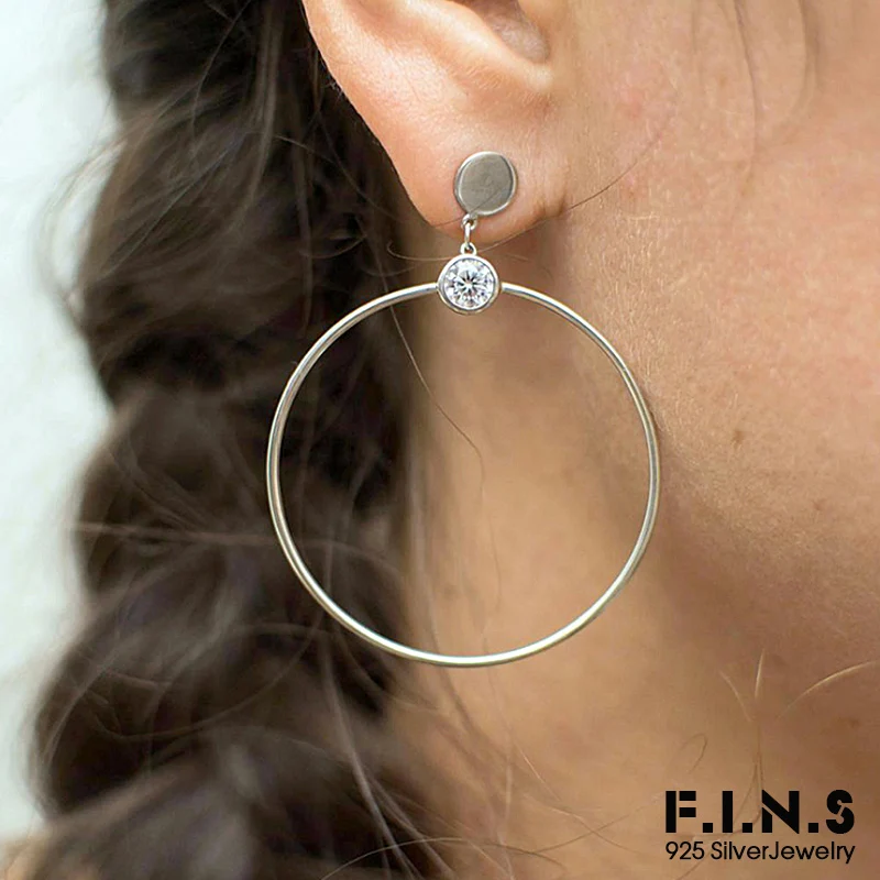 

F.I.N.S 925 Sterling Silver Big Circle Drop Earrings with Zircon Simple Round Circular Dangle Earrings For Women Fine Jewelry