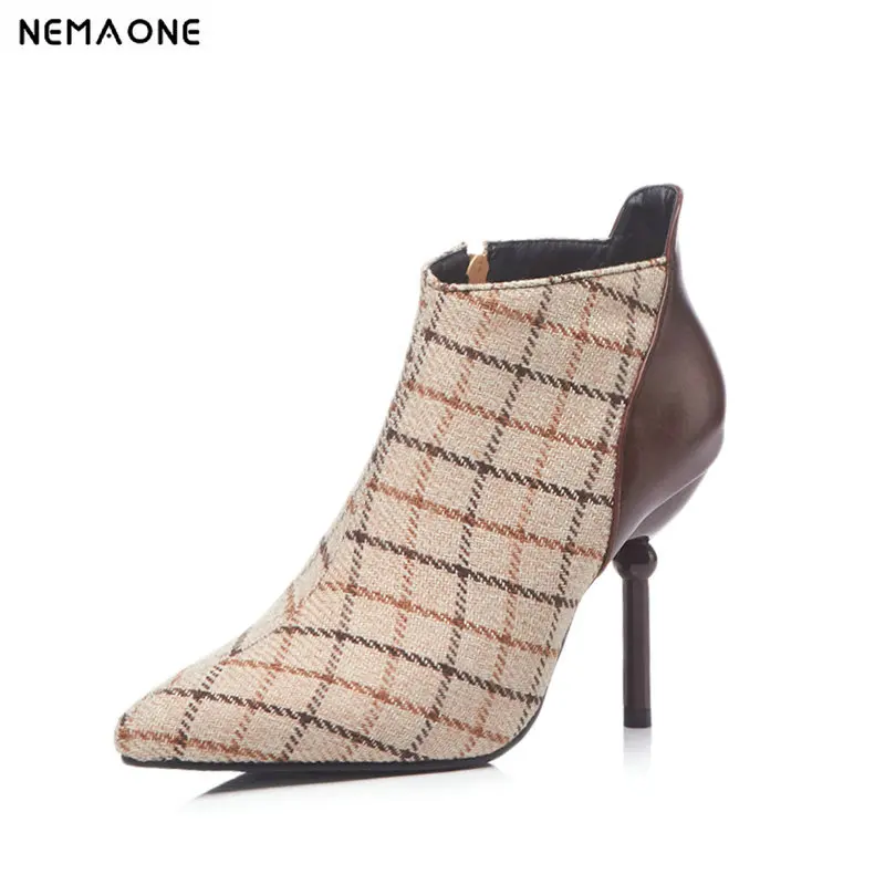 

New super high Heels women ankle boots poined toe gingham fabric ladies spring autumn party dress shoes woman large Size 43