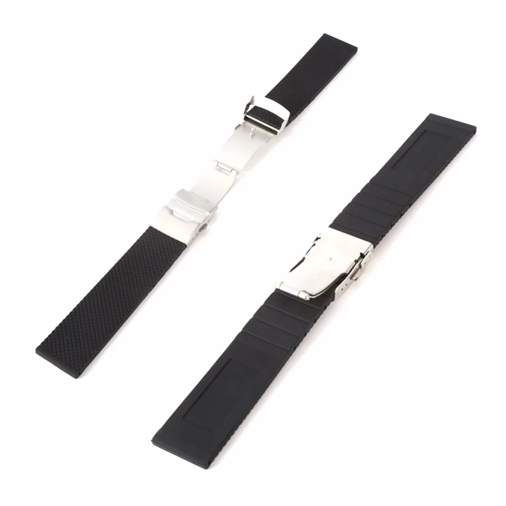 Rubber Watch Band Strap Straight End Bracelet Black Silicone Stainless Steel Double Click Folding Clasp 20 22 24mm