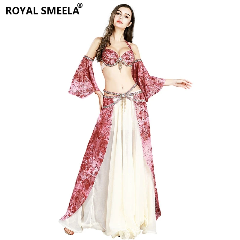 

2020 Performance Women 3pcs Belly Dance Costume Set Bra+Long Skirt+Sleeves for Dance Girls 8839