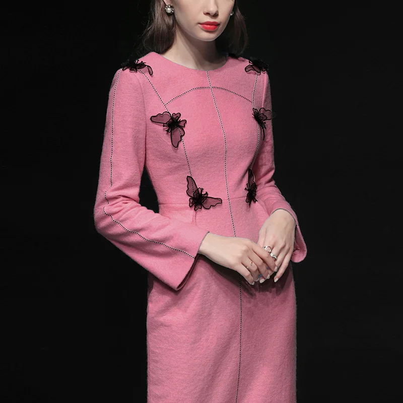 Зимнее винтажное розовое шерстяное платье с аппликацией в виде бабочек женское высококачественное приталенное платье средней длины с круглым вырезом и длинным рукавом А-силуэта Vestidos