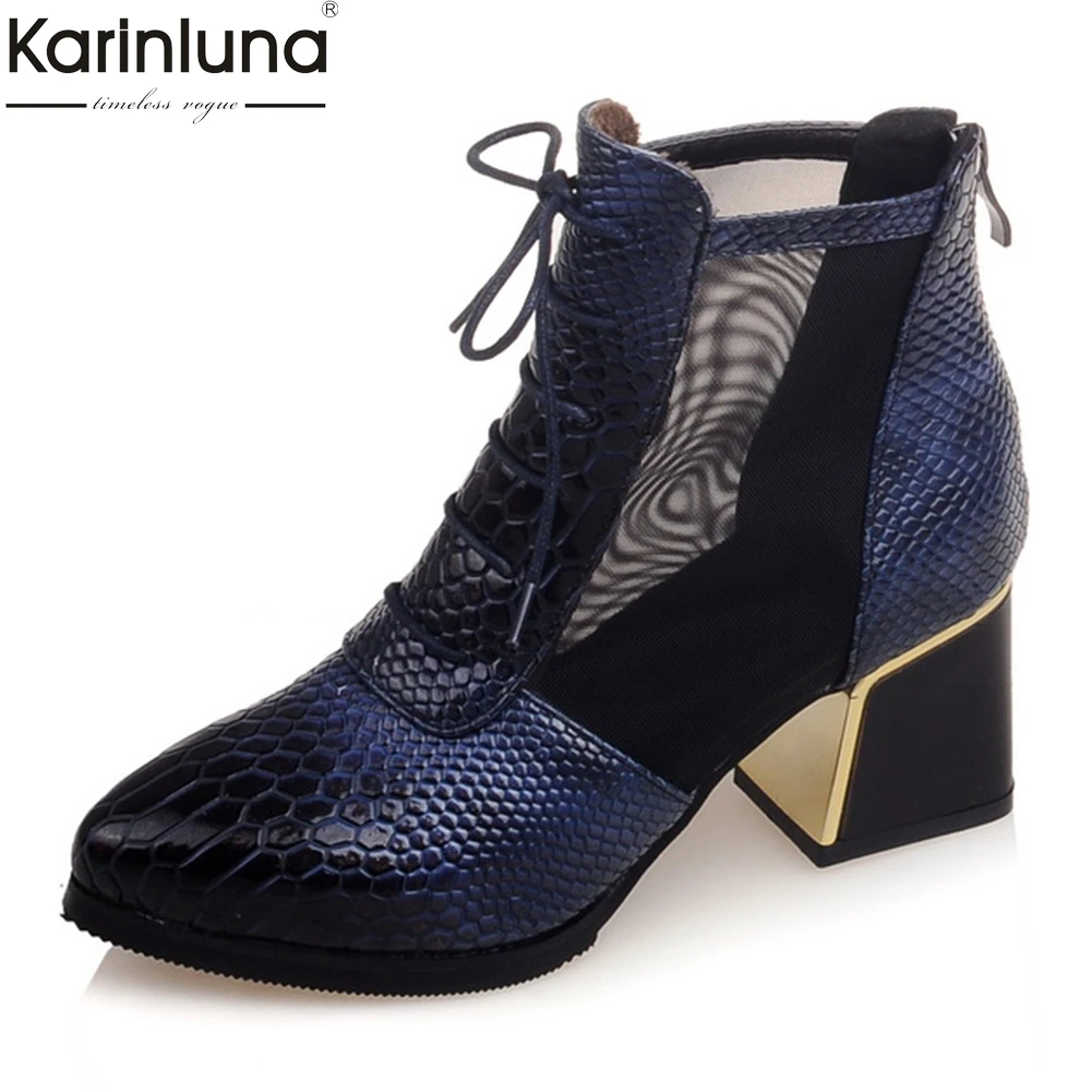 

Snake Air Mesh Boots Woman Lace Up Pointed Toe women's Spring Summer Boots Large Size 32-43 Woman Shoes Women
