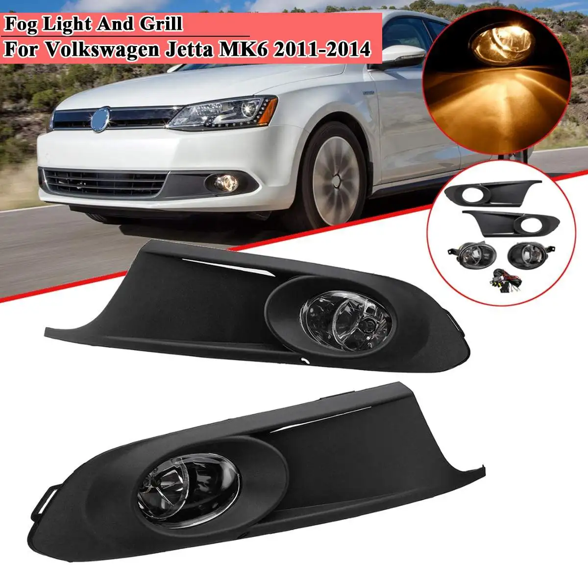

1Pair Car Front Bumper Fog Lights Lamp with Grilles Harness Amber for VW Jetta 6 MK6 2011 2012 2013 2014 Driving Drl Foglights