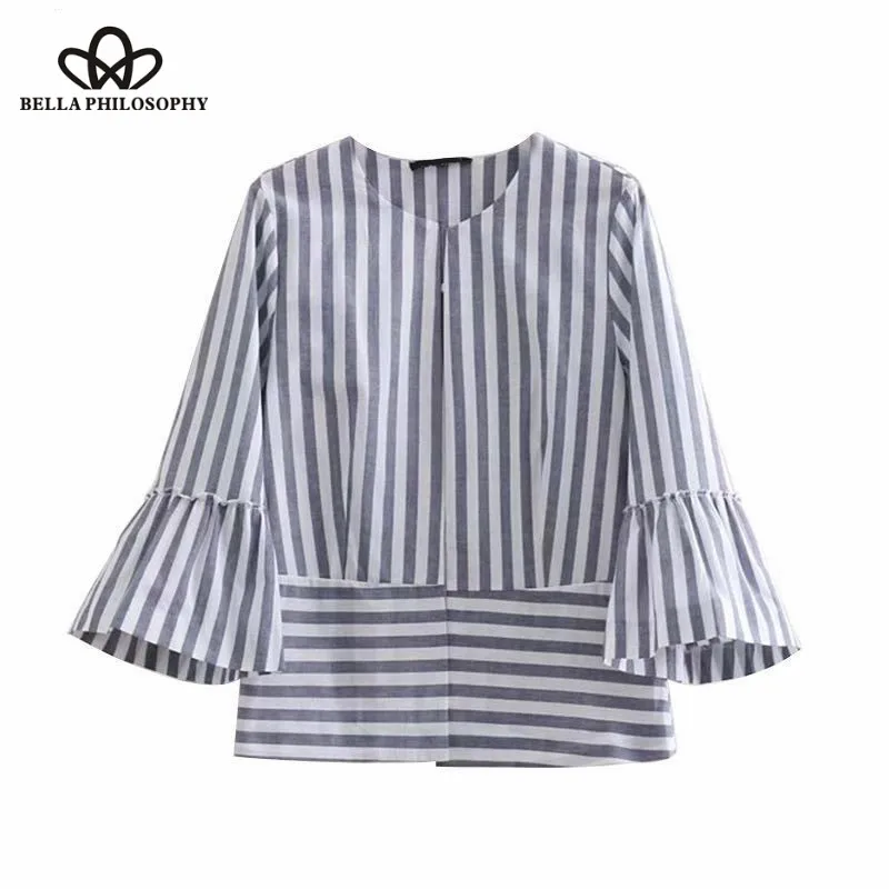 Wonder 2018 summer Vintage o neck flare sleeve striped cardigan thin jacket ladies patchwork Outwear tops business casual Coat