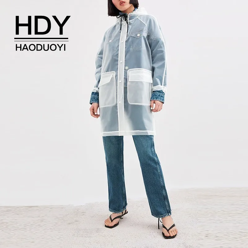 

HDY Haoduoyi Adjustable Cover Long Sleeve Patch Pocket Contrast Color Rolling Print Translucent Simple Long Waterproof Raincoat