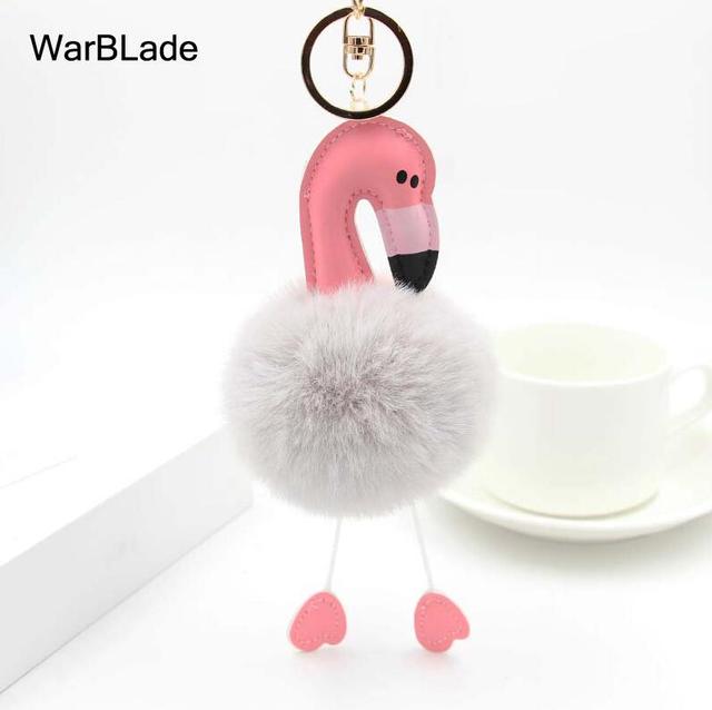 New Flamingo Pompom Keychain Fluffy Fake Rabbit Fur Ball Key Chain Porte clef Women Car Bag pompon Key Ring Accessories