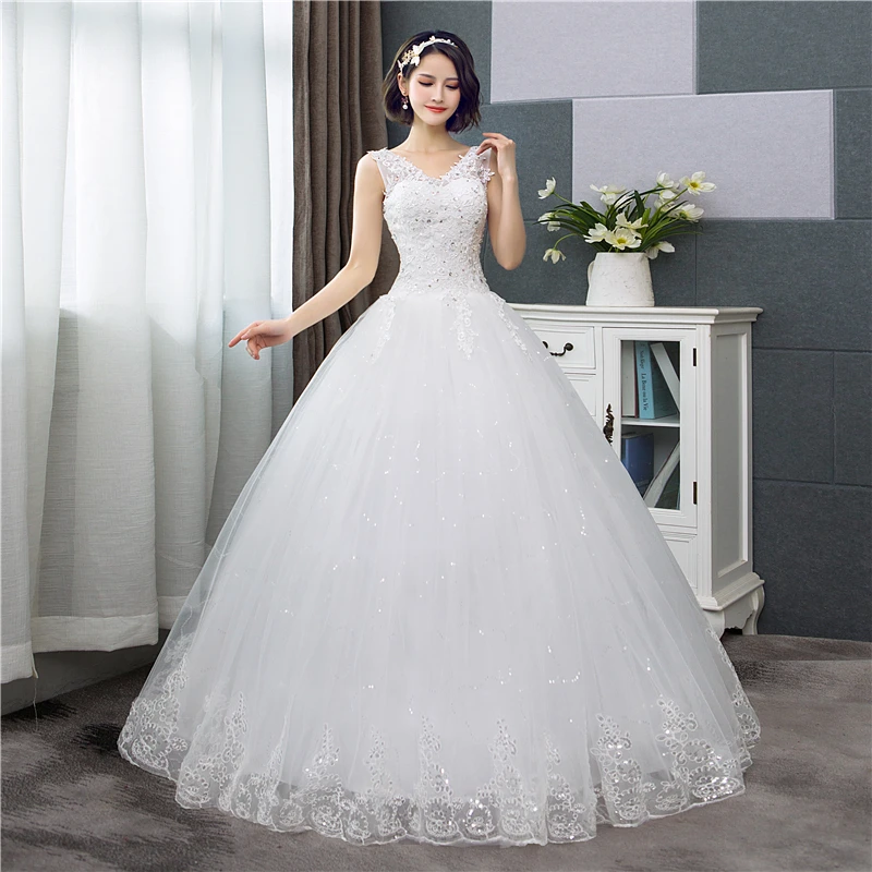 Cheap Korean Style V-Neck Lace Tank Sleeveless Floral Print Ball Gown Wedding Dress (NYFW)