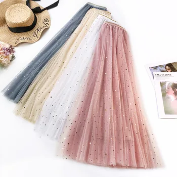 

Wasteheart Blue Pink Women Skirts High Waist A-Line Mid-Calf long Skirt All-match Star Printed Mesh Clothing Plus Size Ball Gown