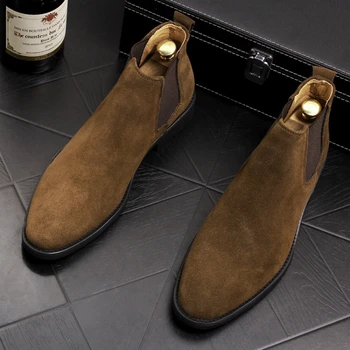 

England style design men fashion cow suede leather boot slip-on ankle chelsea boots spring autumn breathable botines male zapato