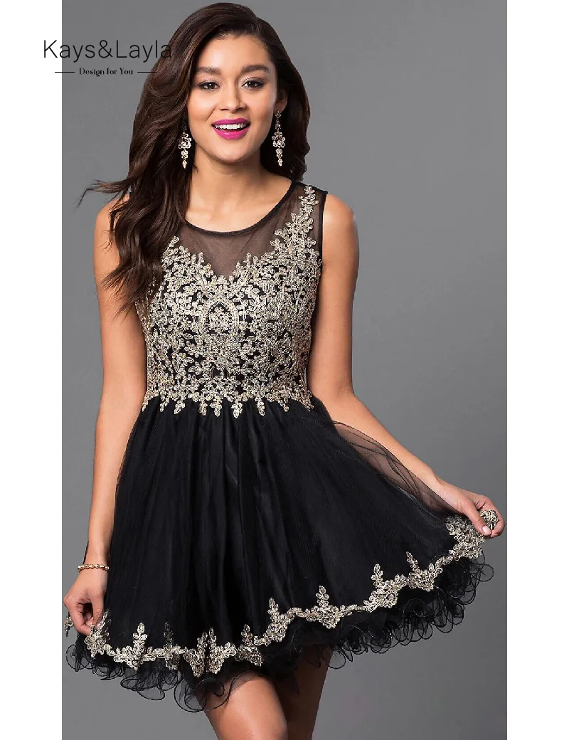 Elegant Tulle Appliques Homecoming font b Dresses b font Short Above Knee Black font b Cocktail