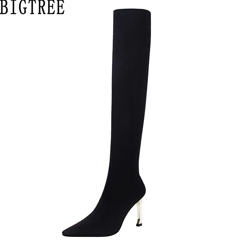 BIGTREE Women Sock Stretch Boots Over The Knee Thigh High Boots Metallic High Heels Pointed Toe Dress Sexy Shoes Party Clubwear