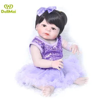 

Bebe 57CM Reborn Full Silicone Vinyl Baby Girl Dolls With Doll Clothes Set Brown Reborn Doll Wigs menina bonecas Kids Gift