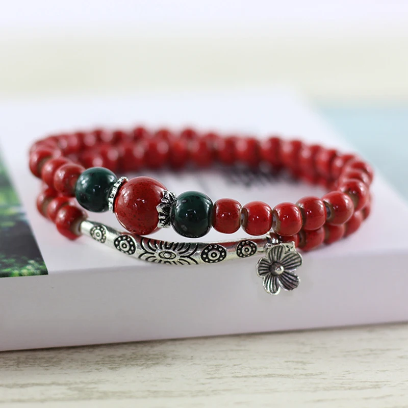 

Adjustable Bracelet 3 Colors Elastic Fashion DIY Beads Ceramic Flower National Double-deck Drop Shipping Confidante Handmade