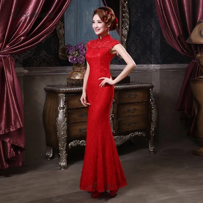Модная Русалка Кружева Cheongsam красное платье невесты китайская цена ...