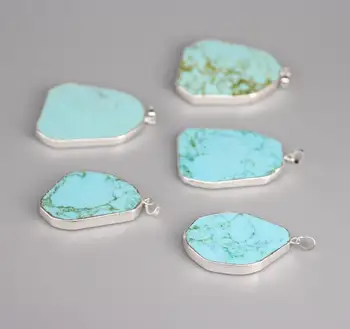 

Large Size Raw Turquoises Slab Pendants,Silver Plated Blue Howlite Slice Nugget Charms Necklace Jewelry,5pcs/lot