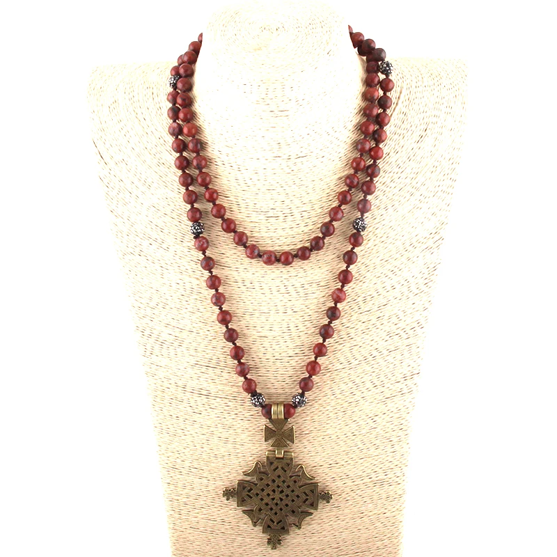 Модные богемные ювелирные украшения в этническом стиле натуральные камни длинные узлы металлический крест кулон женское национальное ожерелье