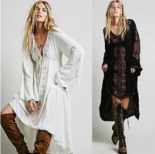 2016 Long Dress Women Vintage Ethnic Flower Embroidered Cotton Tunic Casual Long Dress Hippie Boho People Asymmetric Maxi Dress