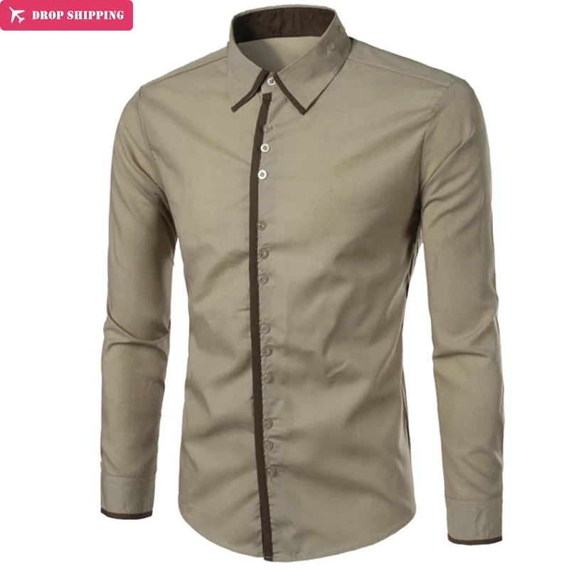 

Brand 2018 Fashion Male Shirt Long-Sleeves Tops Three Buckle Design Simple Color Mens Dress Shirts Slim Men Shirt