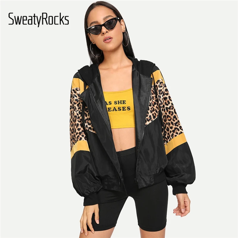 

SweatyRocks Leopard Print Hooded Jacket Long Sleeve Colorblock Zip Up Hoodies 2018 Fashion Autumn Casual Women Coats And Jackets