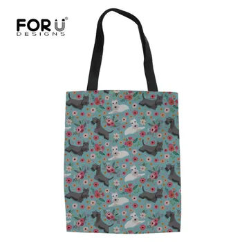 

FORUDESIGNS Scottish Terrier Flower Printed Large Canvas Shopping Bag Folding Girls School Fashion Reusable Cloth Shoulder Bags