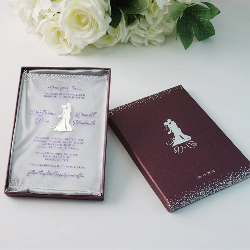 

50sets Custom foiling silver Clear Acrylic Wedding Invitation Cards with boxes