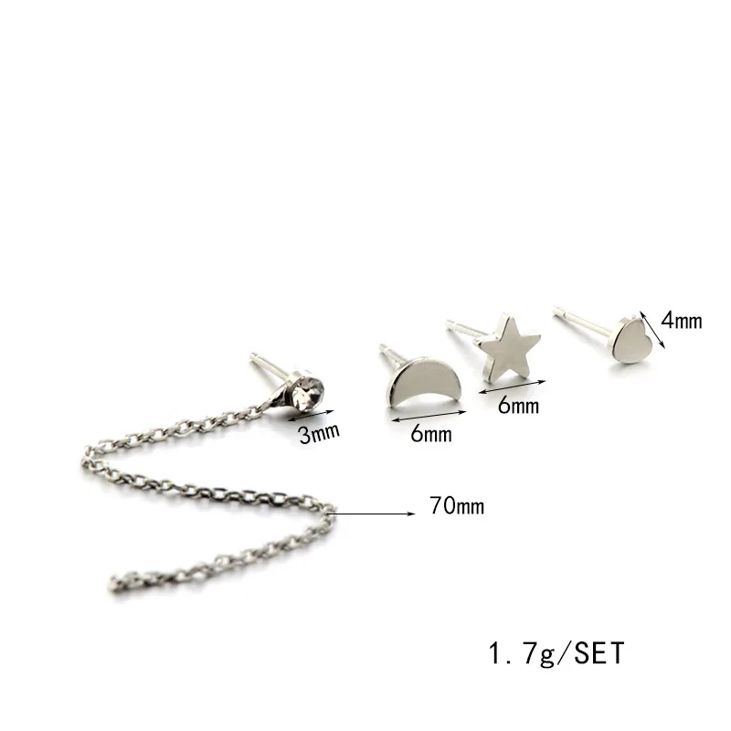 Серьги гвоздики в виде звезды и Луны серебряного цвета|stud earrings set|star and moonearrings set |