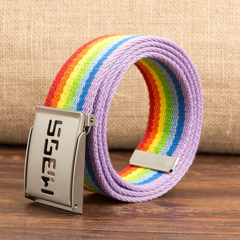 rainbow Унисекс повседневные однотонные цветные тканые ленты полотняный ремень письмо автоматический пояс на пряжке военная техника армейский ремень - Цвет: rainbow