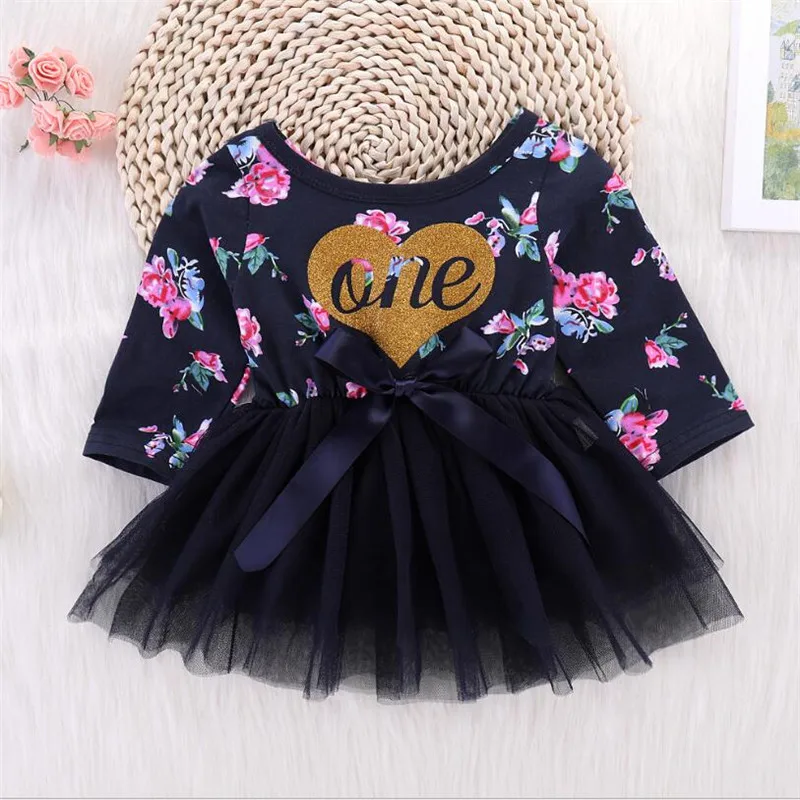 

Newborn Cotton Black Dress Spring&Summer Little Girl Letter Print Stitching Mesh Dress Round Neck Princess Casual Wear Clothes