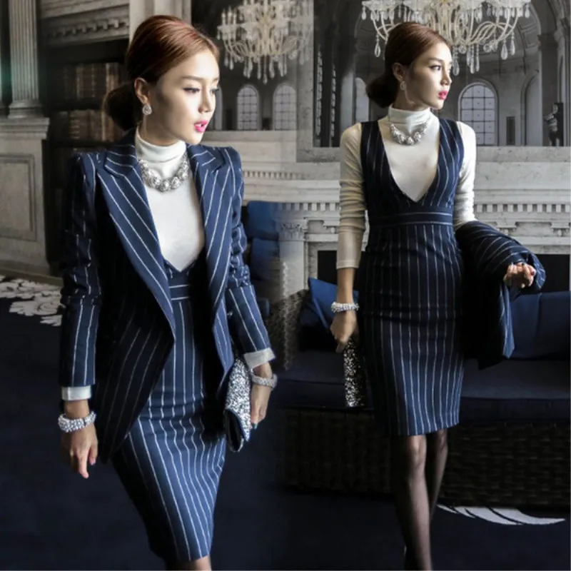 

Fashion 2019 OL Work Striped Office Lady Dress Suits 2 Two Piece Set Elegant Women Clothing Blazer Jacket Fashion Sheath Dresses