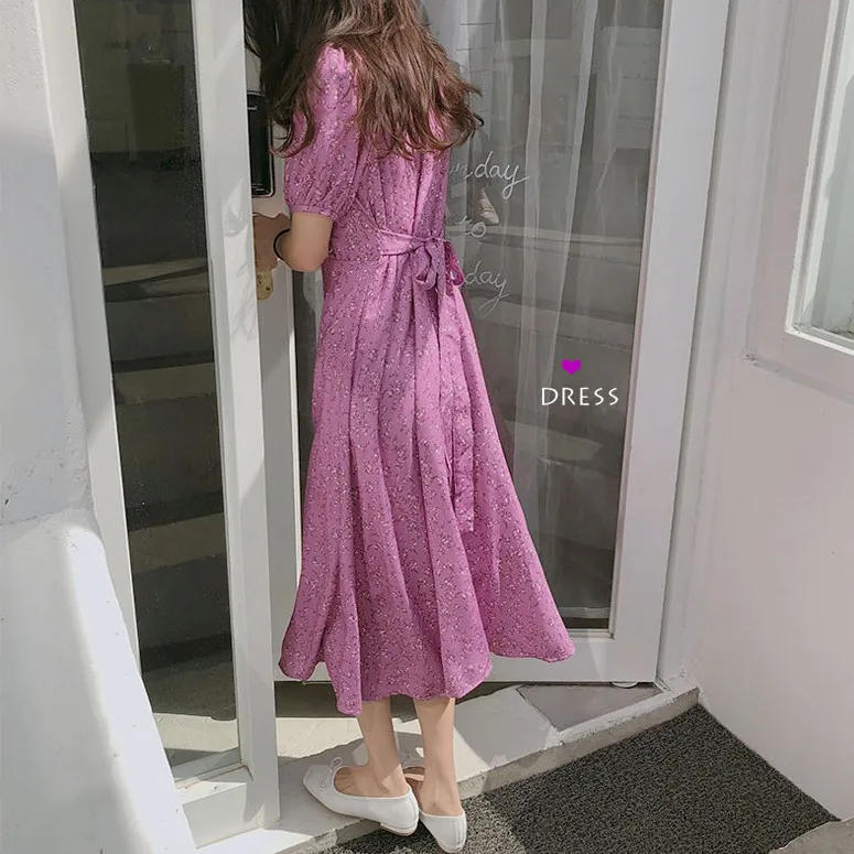 

Retro Print Back Belt a Line Dress V Neck Lady Puff Sleeve Midi Dress Robe Femme Vestido Mujer Vestiti Donna