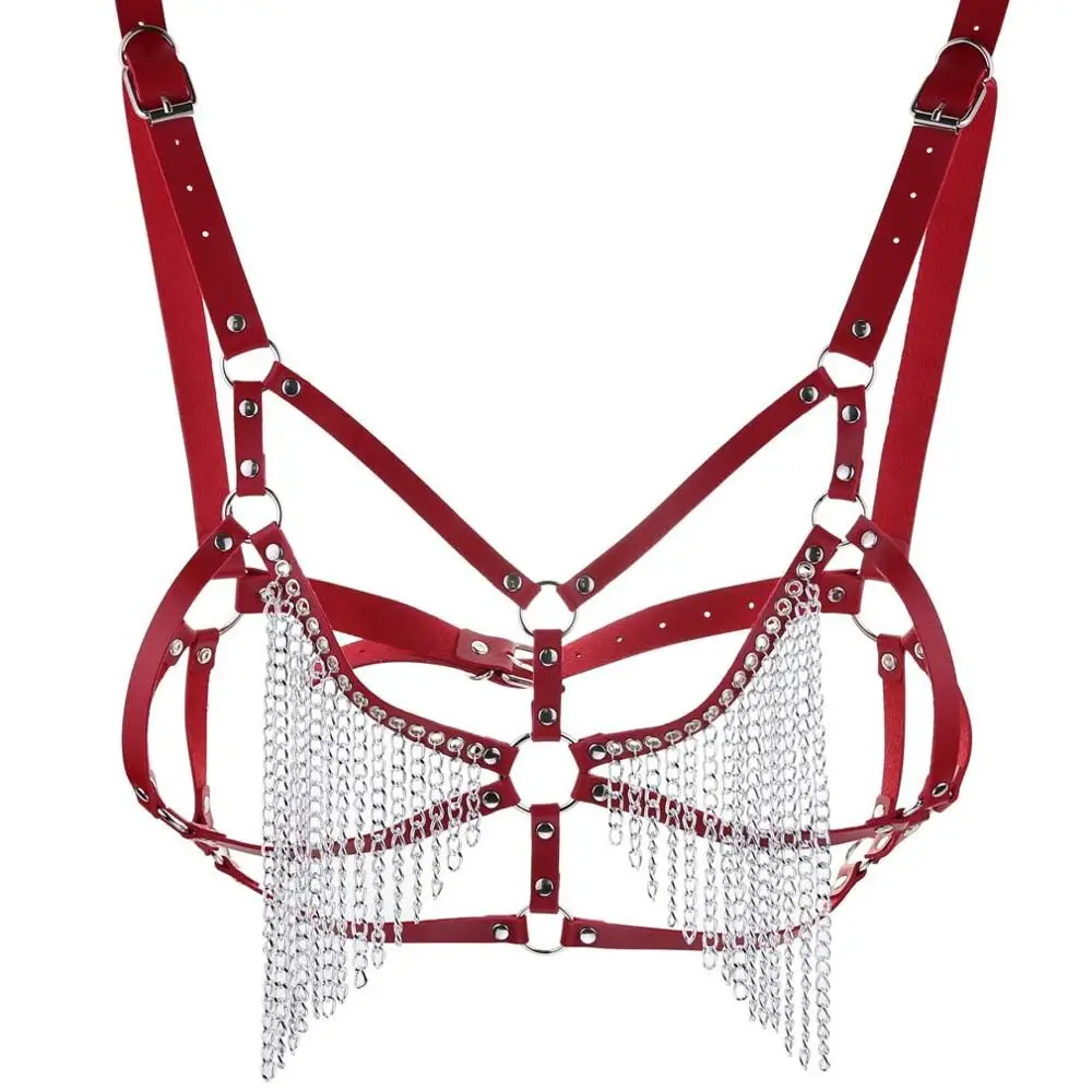 New Sexy pu Leather chain Harness Body bra chain Belt punk sexy chain top women body jewelry festival Fashion Jewelry - Окраска металла: red