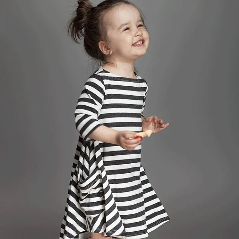 Girl's Striped Pocket Dress Children Clothing Toddler Girl's Cute Long Dresses Autumn Outfits