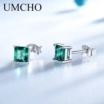 

UMCHO Solid Real 925 Sterling Silver Jewelry Created Emerald Square Stud Earrings For Women Elegant Birthday Gifts Fine Jewelry