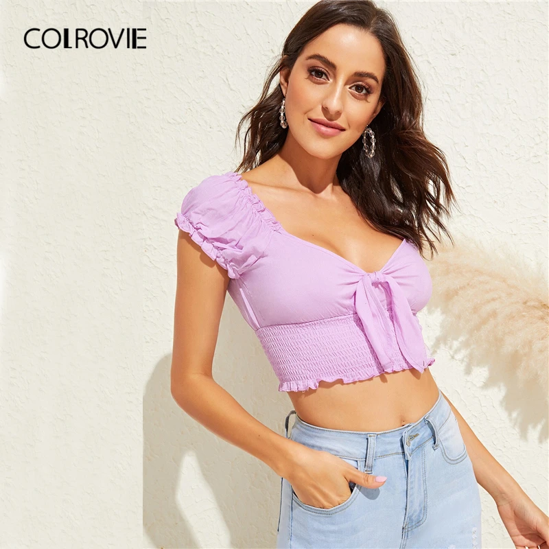 COLROVIE/фиолетовый однотонный топ с оборками и узлом спереди, Boho, укороченный топ, женская одежда, летние сексуальные футболки для отдыха