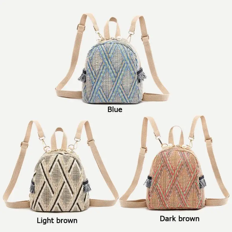 Straw Woven Bag Small Travel Backpacks Women Stripe Print Shoulder School Bags Casual Knitting Knapsack Rucksack Mochila Mujer