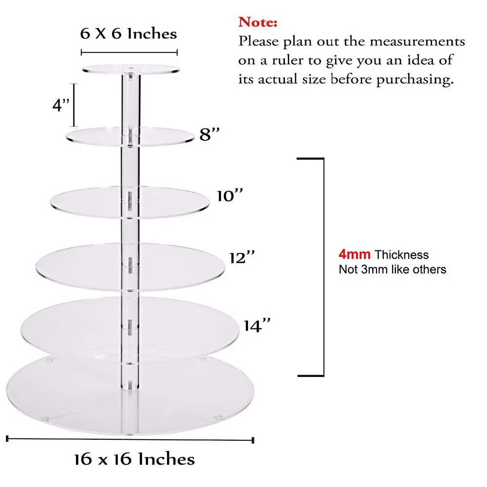 Изысканный прозрачный акрил торт башня/Подробная информация о подставки для кексов круглый кристалл полимер 6 уровня большая тарелка размеры украшения