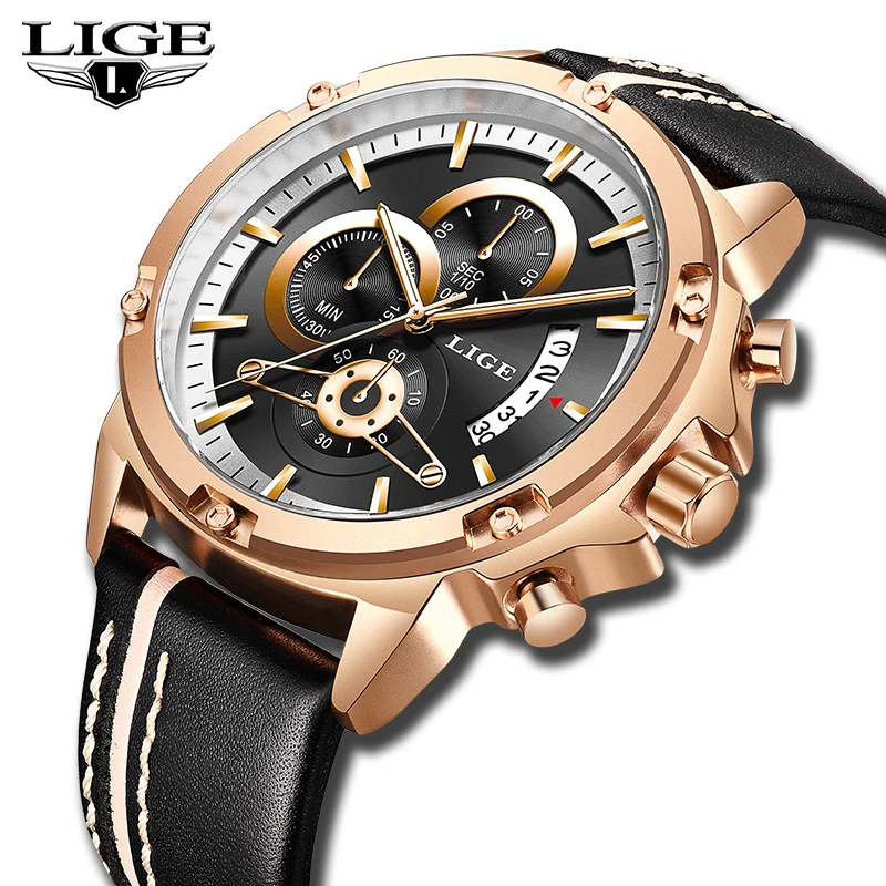 

LIGE Men Watches Fashion Leather Chronograph Male Top Brand Luxury Waterproof Sports Watch Men Military Watch Relogio Masculino