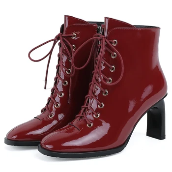 

LAIGZEM FASHION 2020 Women Ankle Booties Patent Genuine LEATHER Heels 4 Styles Winter Boots Shoes Botines Mujer Big Size 34-43