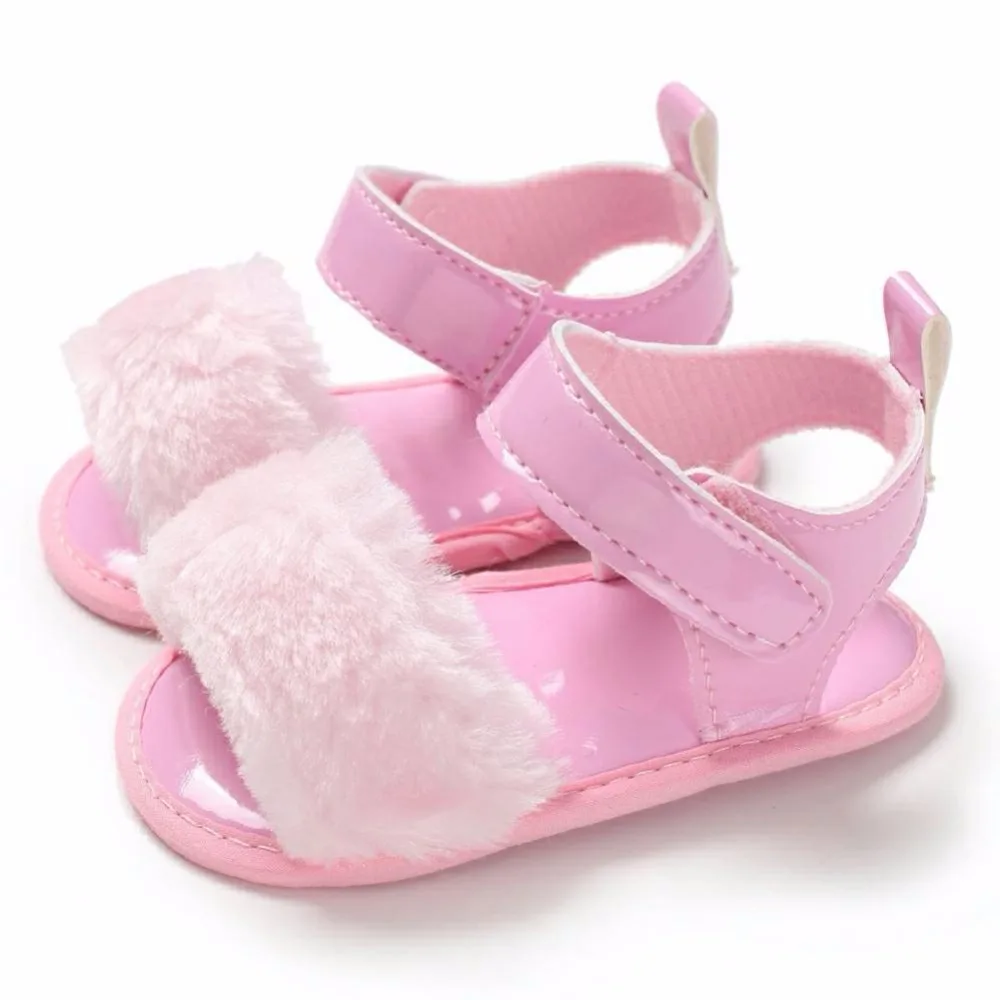 Летние сандалии для новорожденных девочек 4 стиля, меховая однотонная обувь на плоской подошве с каблуком для детей 0-18 месяцев